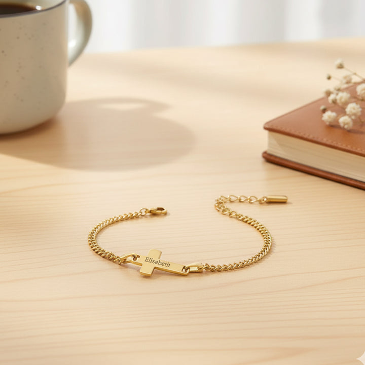 Personalized Children's Cross Name Bracelet – Sterling Silver with Gold Plating