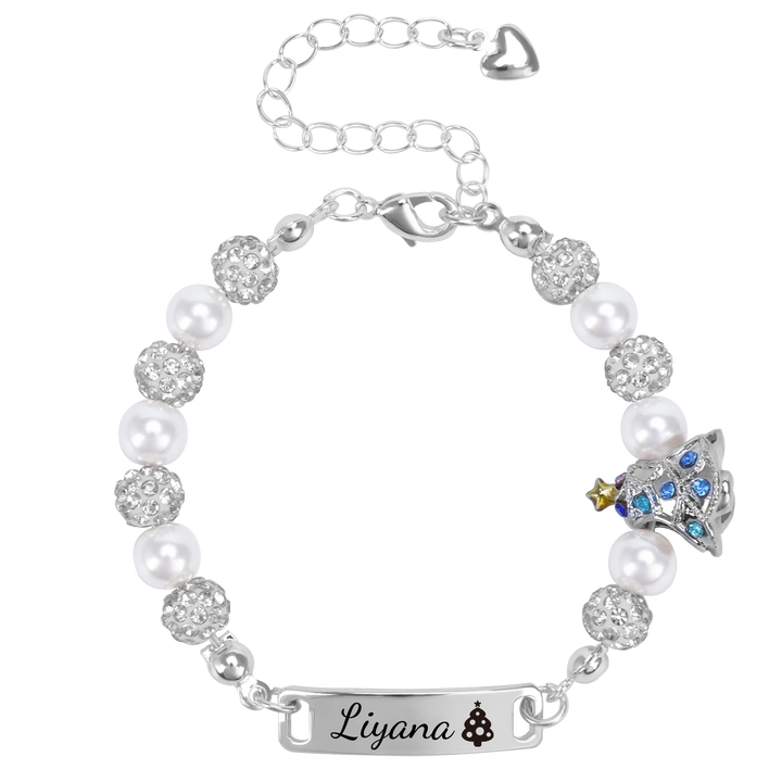 Personalized Christmas Tree Bracelet with Name – Adjustable Pearl & Diamond Holiday Jewelry Gift