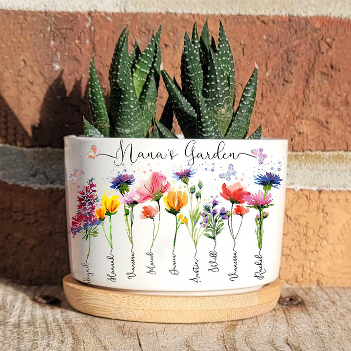 Personalized Grandma's Garden Birth Flower Pot With Grandkids Name
