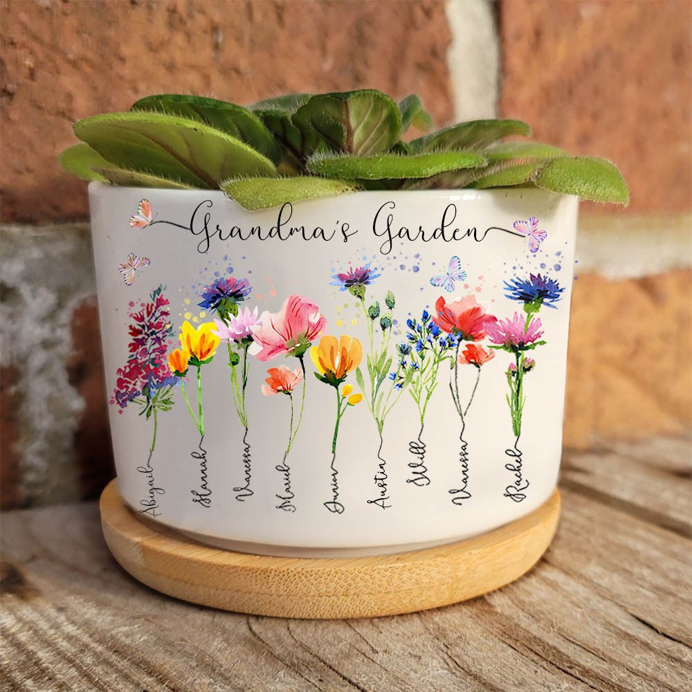 Personalized Grandma's Garden Birth Flower Pot With Grandkids Name
