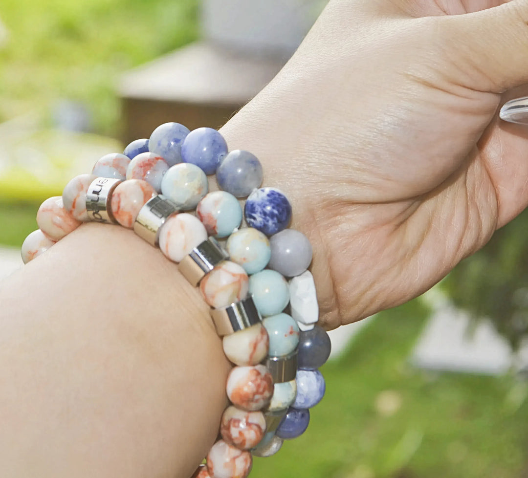 Personalized natural stone bead bracelet (Sea Blue Serpentine)