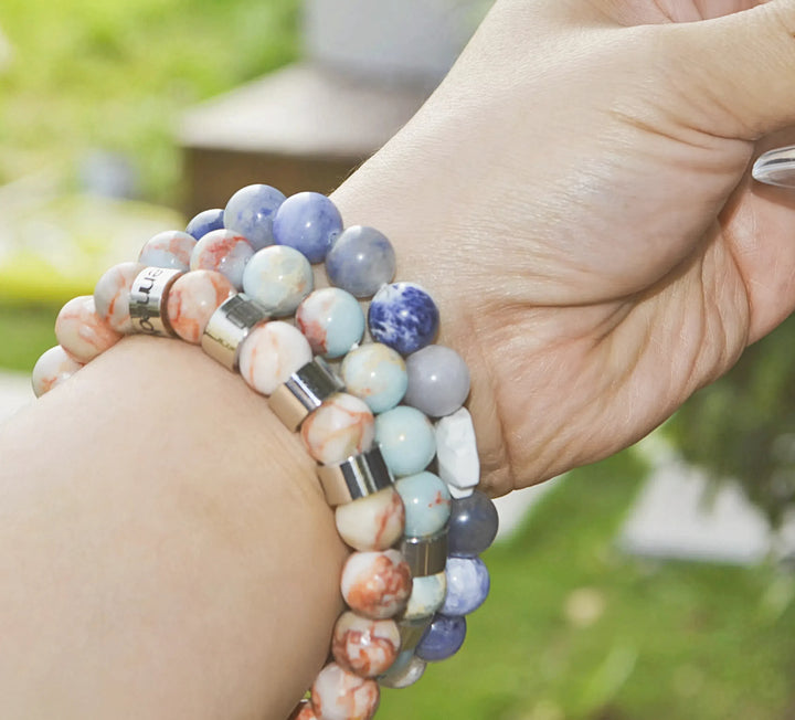 Personalized natural stone bead bracelet (Sea Blue Serpentine)