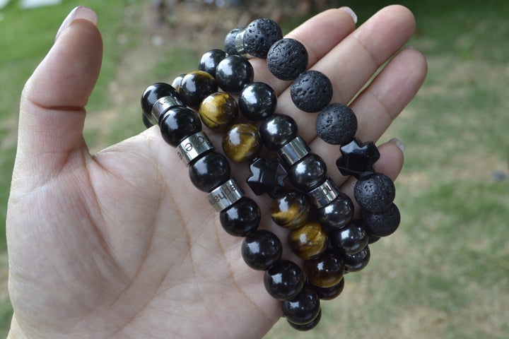 Personalized customizable name men's natural black volcanic stone beaded bracelet