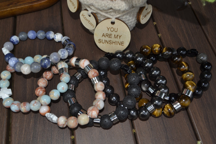 Personalized customizable name men's natural black volcanic stone beaded bracelet