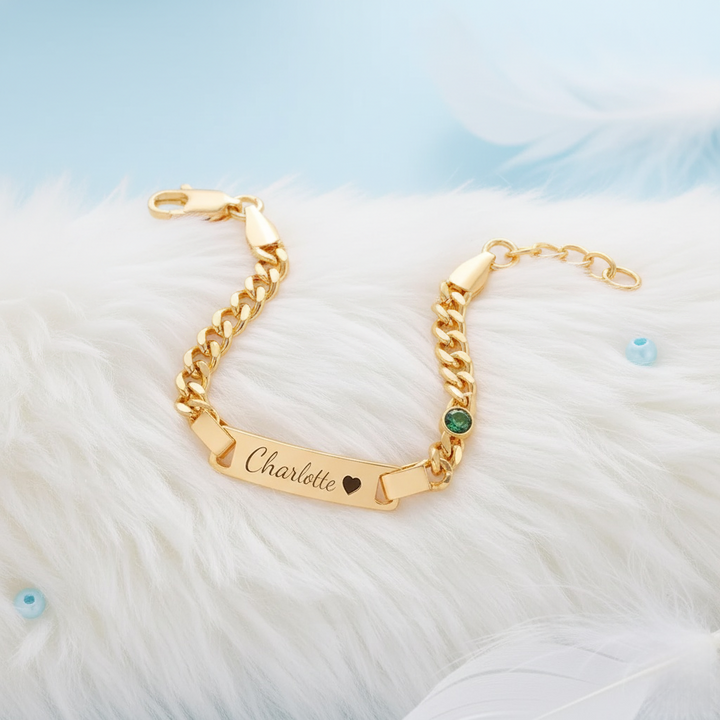 Gold Baby Name ID Bracelet with Birthstone – Personalized Infant Jewelry Gift