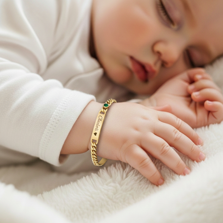 Gold Baby Name ID Bracelet with Birthstone – Personalized Infant Jewelry Gift