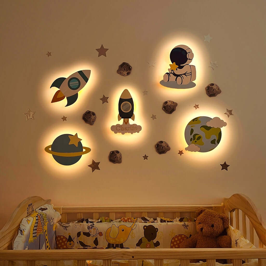 Personalized Wooden Baby's Room Wall Light Set-Space Model