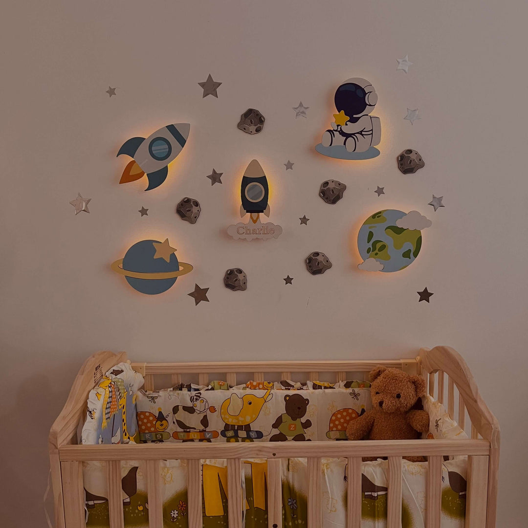 Personalized Wooden Baby's Room Wall Light Set-Space Model