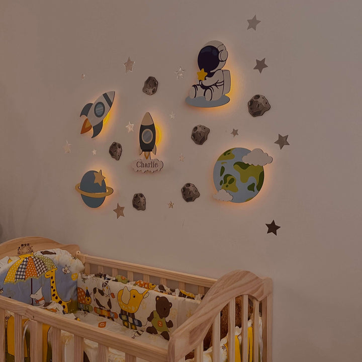 Personalized Wooden Baby's Room Wall Light Set-Space Model