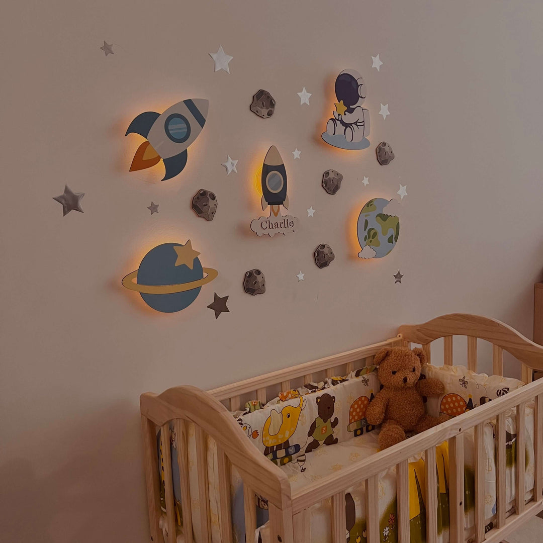 Personalized Wooden Baby's Room Wall Light Set-Space Model