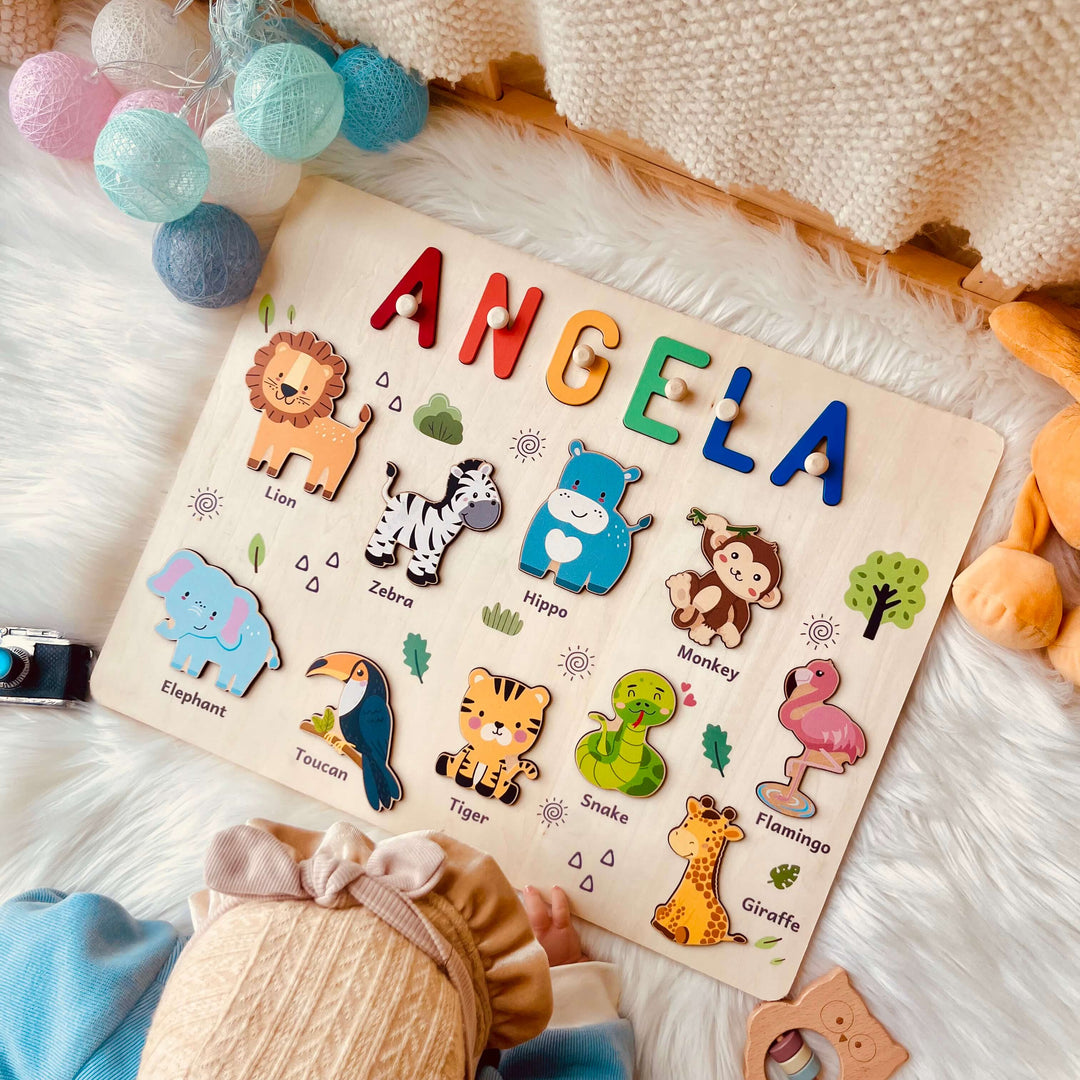 Personalized Wooden Name Puzzle - Safari Animal Learning Toy for Toddlers