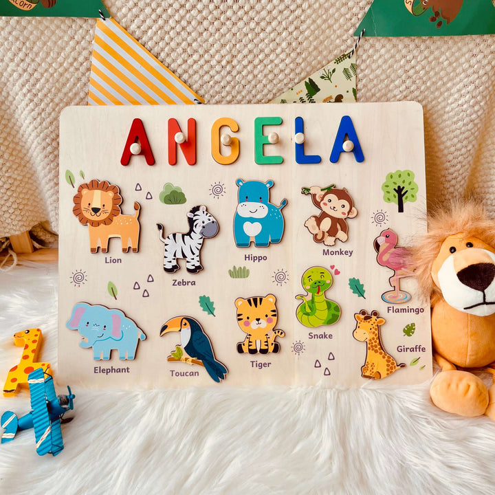 Personalized Wooden Name Puzzle - Safari Animal Learning Toy for Toddlers