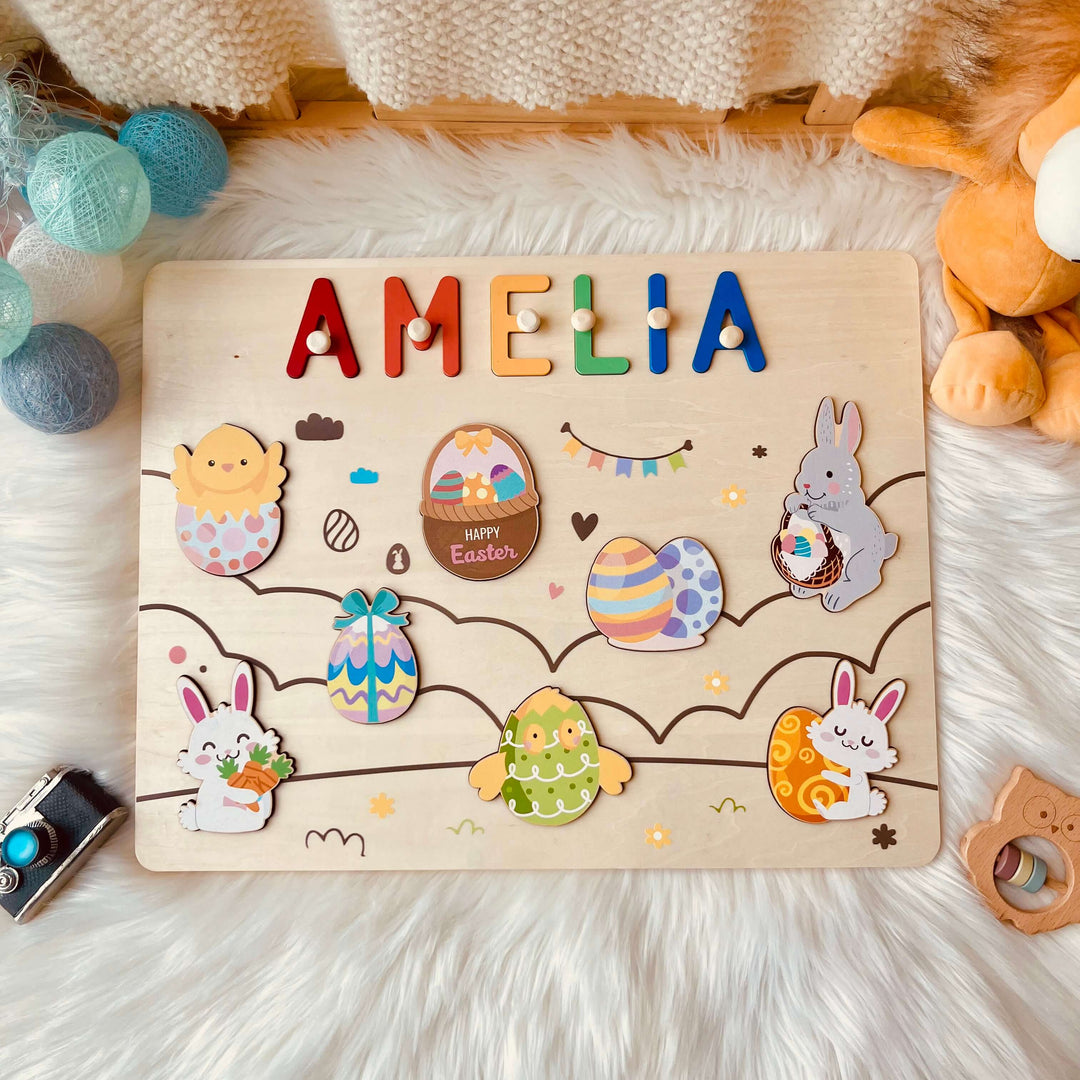 Personalized Wooden Name Puzzle - Easter Bunny & Egg Toy