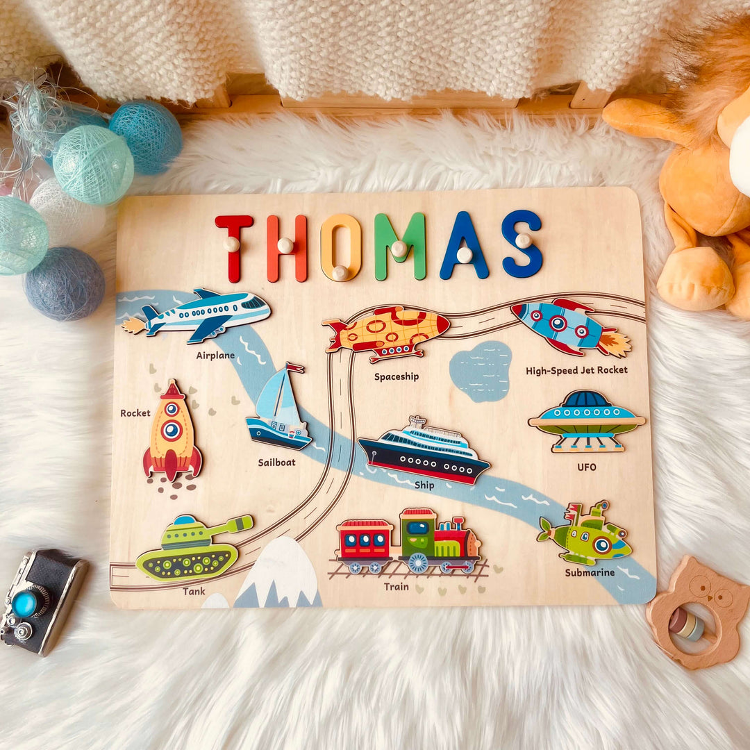 Personalized Wooden Name Puzzle - Vehicle Learning Toy for Toddlers