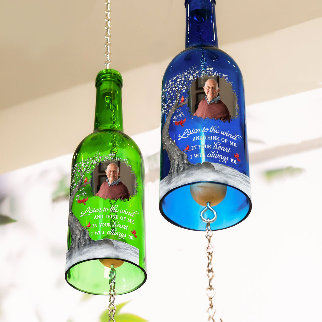 Listen To The Wind And Think Of Me - Personalized Photo Wine Bottle Wind Chime