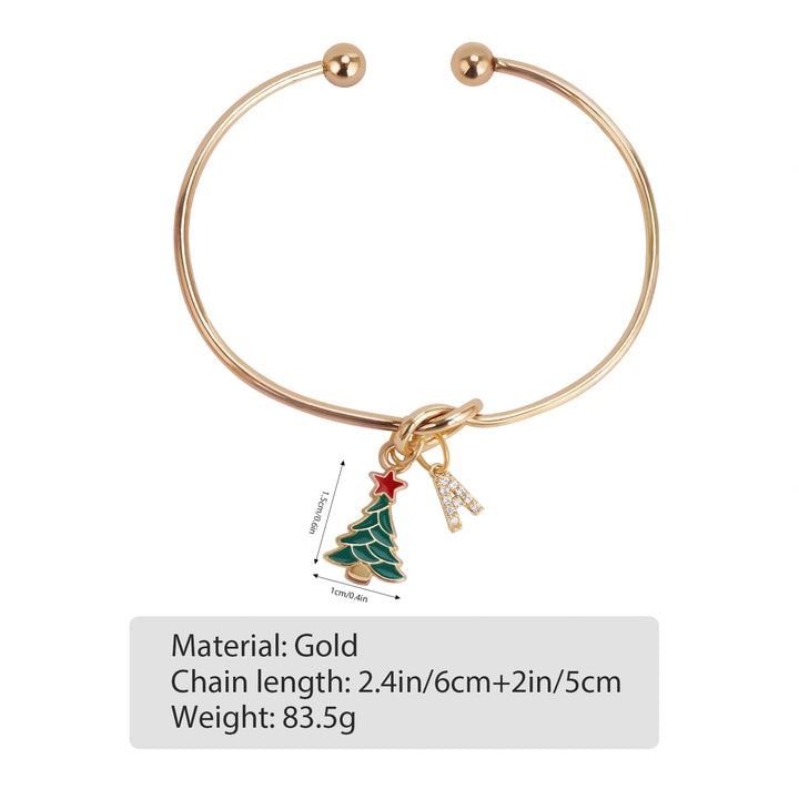 Custom Christmas Tree Bracelet with Rhinestone Letter Charm – Adjustable Holiday Jewelry Gift