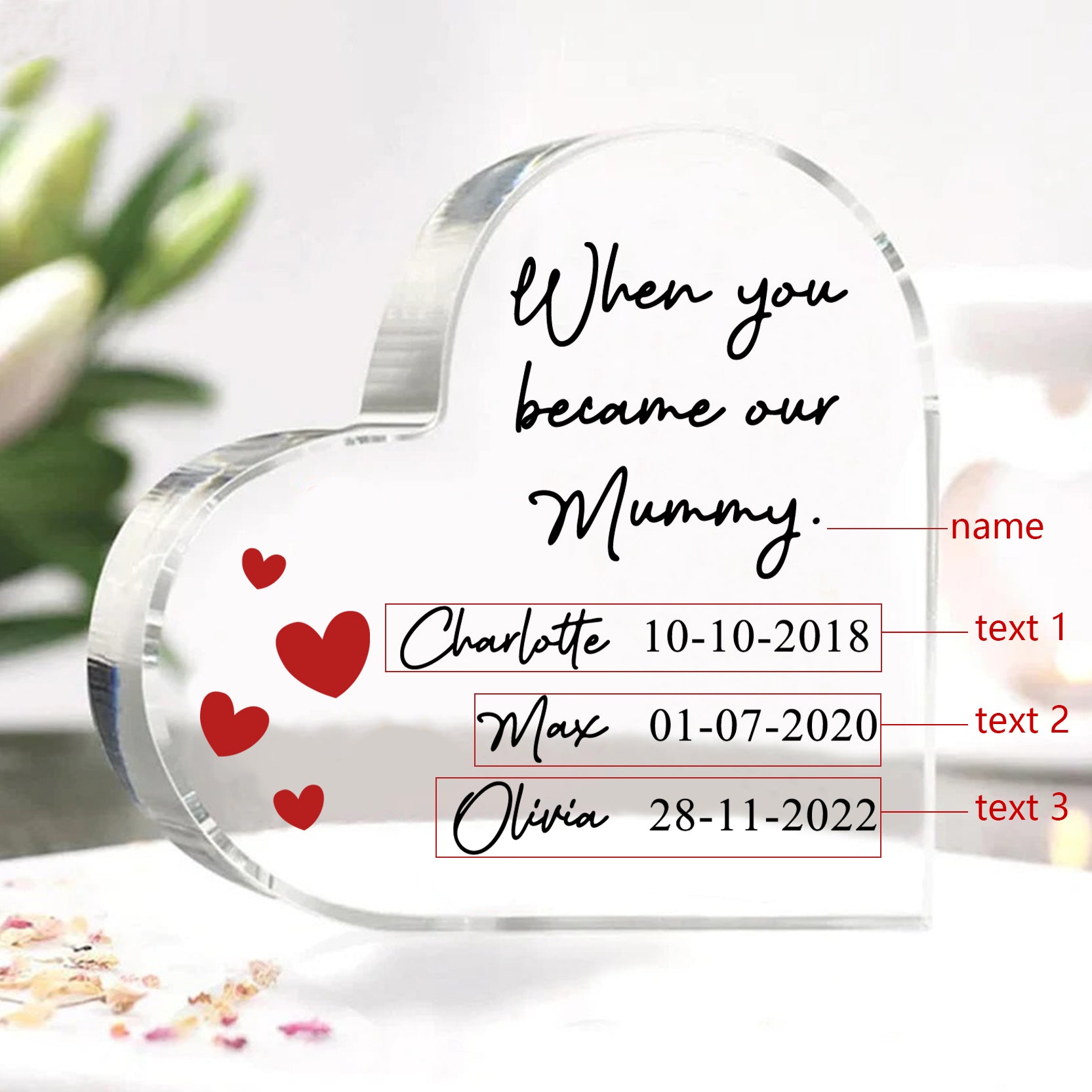 Personalised Name Acrylic Heart Keepsake Custom 3 Texts Ornaments Gifts