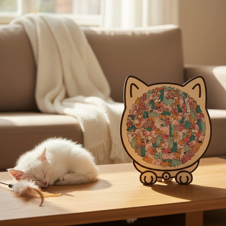 Cat-Shaped Wooden Puzzle - Unique Irregular Pieces Gift for Cat Lovers