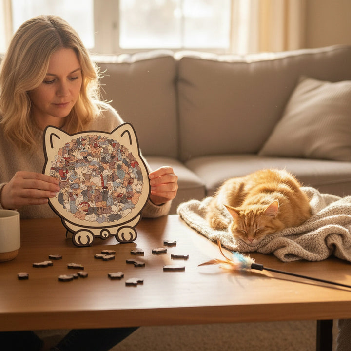 Cat-Shaped Wooden Puzzle - Unique Irregular Pieces Gift for Cat Lovers