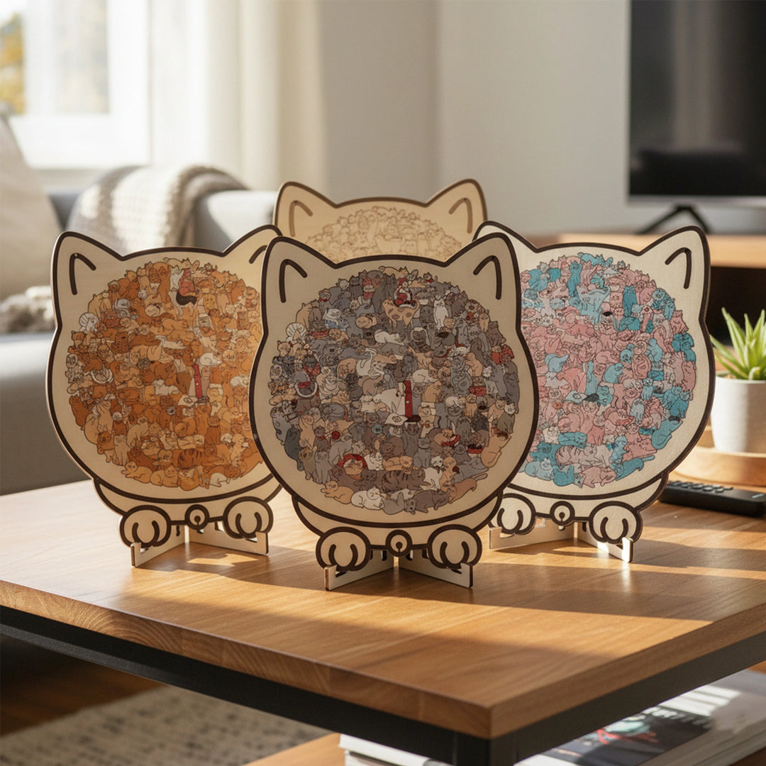 Cat-Shaped Wooden Puzzle - Unique Irregular Pieces Gift for Cat Lovers