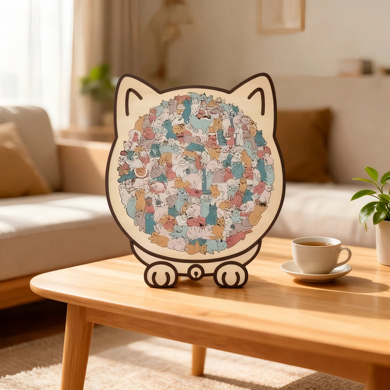 Cat-Shaped Wooden Puzzle - Unique Irregular Pieces Gift for Cat Lovers