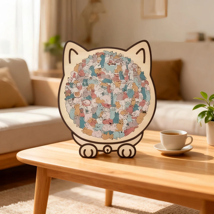 Cat-Shaped Wooden Puzzle - Unique Irregular Pieces Gift for Cat Lovers
