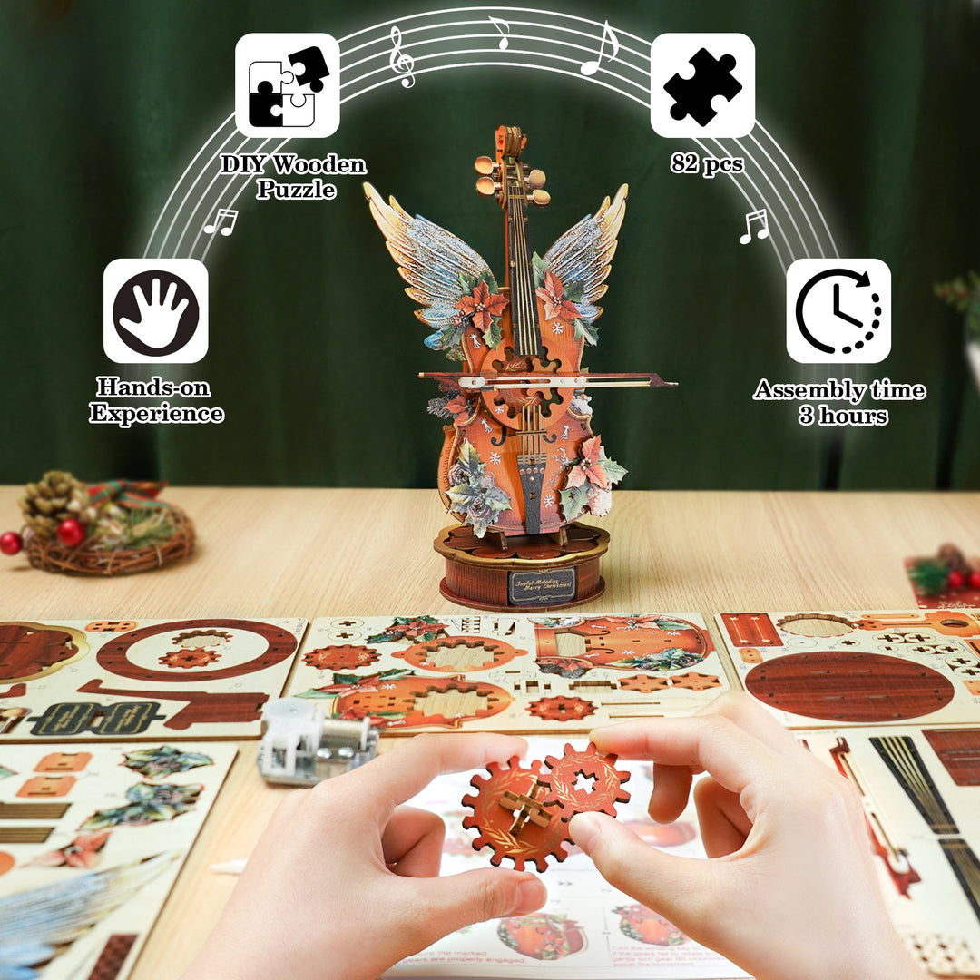 Christmas Holly Cello – DIY Wooden Music Box Puzzle | 3D Handcrafted Holiday Gift