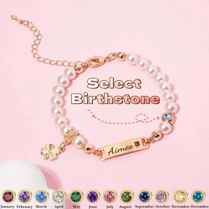Custom Baby Name Bracelet with Pearls, Birthstone & Four-Leaf Clover Charm