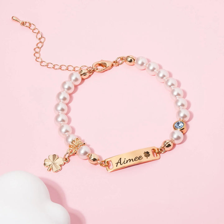 Custom Baby Name Bracelet with Pearls, Birthstone & Four-Leaf Clover Charm