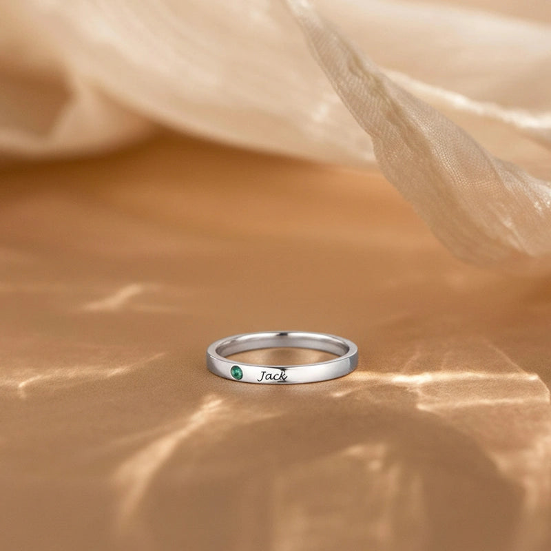 Custom Birthstone Ring, Personalized Silver Engraved Ring, Minimalist Daily Promise Ring Gift for Girlfriend, Wife or Mom