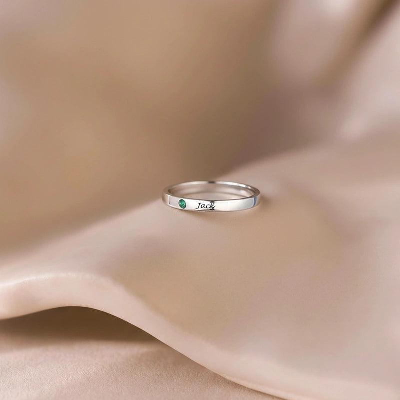 Custom Birthstone Ring, Personalized Silver Engraved Ring, Minimalist Daily Promise Ring Gift for Girlfriend, Wife or Mom