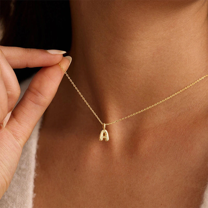 Custom Bubble Initial Necklace – Personalized Letter Pendant in Sterling Silver or 18K Gold