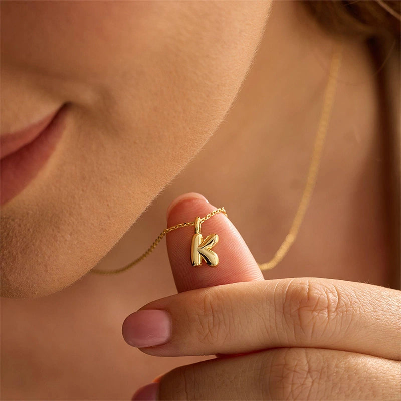Custom Bubble Initial Necklace – Personalized Letter Pendant in Sterling Silver or 18K Gold