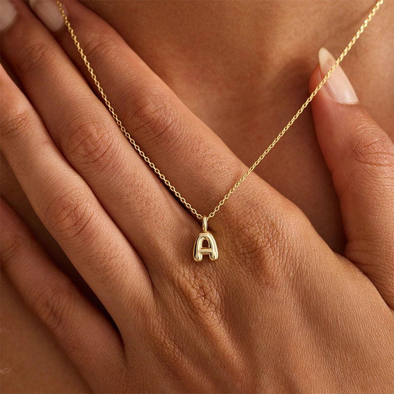 Custom Bubble Initial Necklace – Personalized Letter Pendant in Sterling Silver or 18K Gold