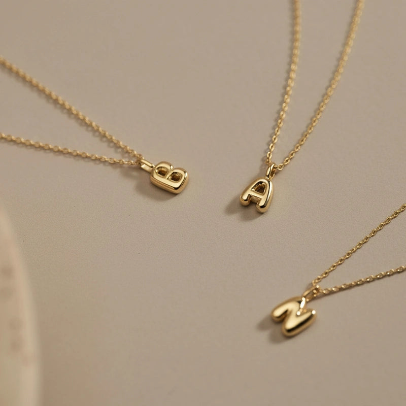 Custom Bubble Initial Necklace – Personalized Letter Pendant in Sterling Silver or 18K Gold