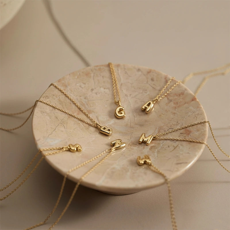 Custom Bubble Initial Necklace – Personalized Letter Pendant in Sterling Silver or 18K Gold