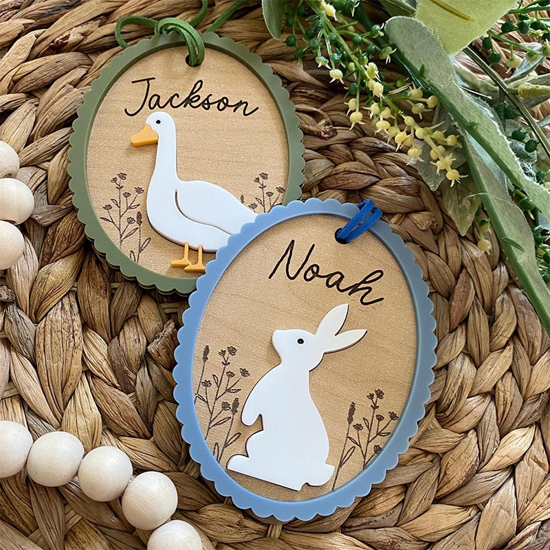 Personalized Easter Basket Tag – Custom Bunny or Goose Name Tag, 3D Engraved Wooden Easter Tag for Kids