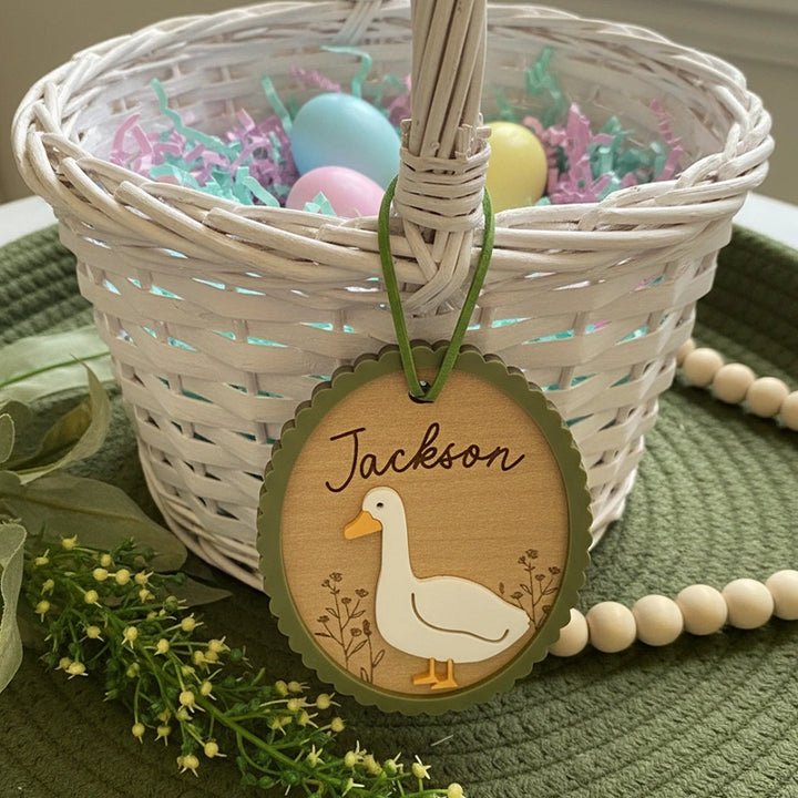 Personalized Easter Basket Tag – Custom Bunny or Goose Name Tag, 3D Engraved Wooden Easter Tag for Kids