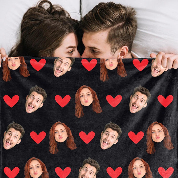 Custom Face Blanket with Hearts – Personalized Photo Blanket for Couples, Valentine’s Day Gift for Him or Her
