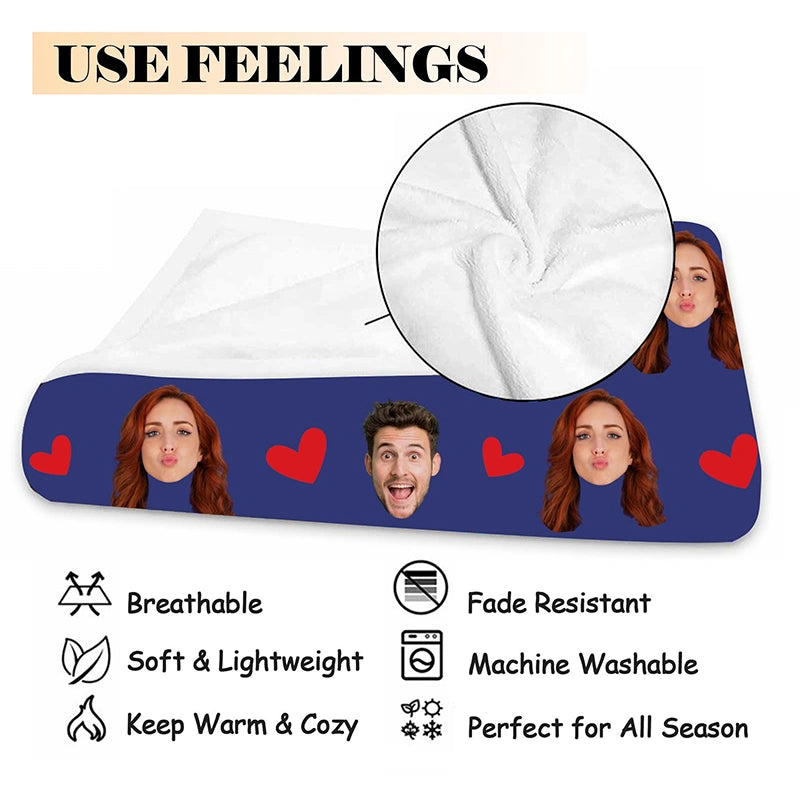 Custom Face Blanket with Hearts – Personalized Photo Blanket for Couples, Valentine’s Day Gift for Him or Her