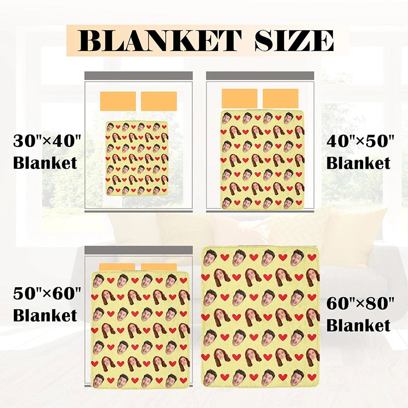 Custom Face Blanket with Hearts – Personalized Photo Blanket for Couples, Valentine’s Day Gift for Him or Her