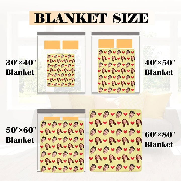 Custom Face Blanket with Hearts – Personalized Photo Blanket for Couples, Valentine’s Day Gift for Him or Her