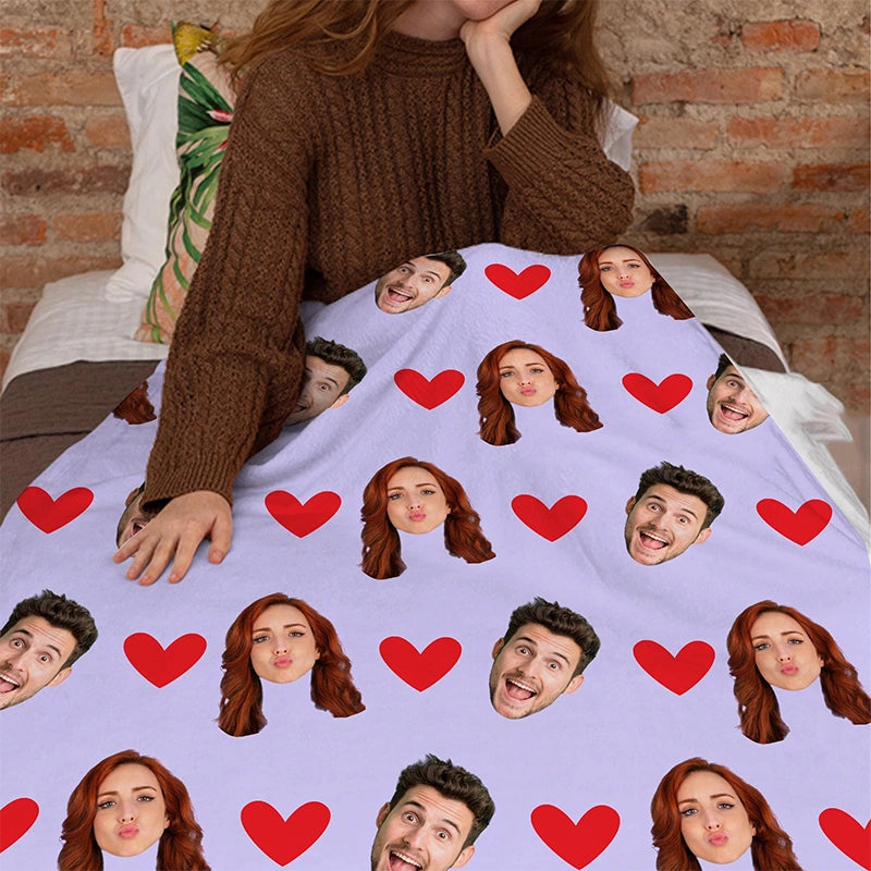Custom Face Blanket with Hearts – Personalized Photo Blanket for Couples, Valentine’s Day Gift for Him or Her