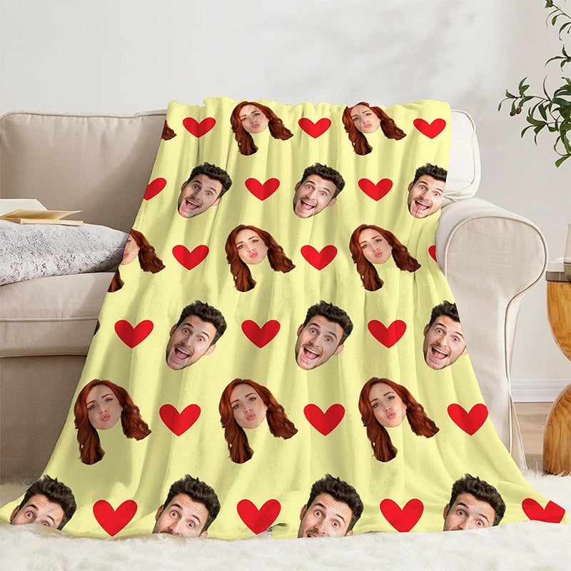 Custom Face Blanket with Hearts – Personalized Photo Blanket for Couples, Valentine’s Day Gift for Him or Her