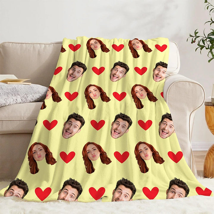 Custom Face Blanket with Hearts – Personalized Photo Blanket for Couples, Valentine’s Day Gift for Him or Her