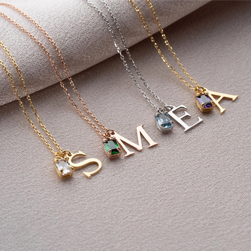 Custom Initial Necklace with Birthstone – Personalized Tiny Letter Necklace for Mom, Minimalist Jewelry Gift for Her