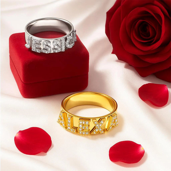 Custom Name Ring | Sterling Silver Block Letter Ring with Zirconia | Personalized Gold Initial Promise Ring for Her