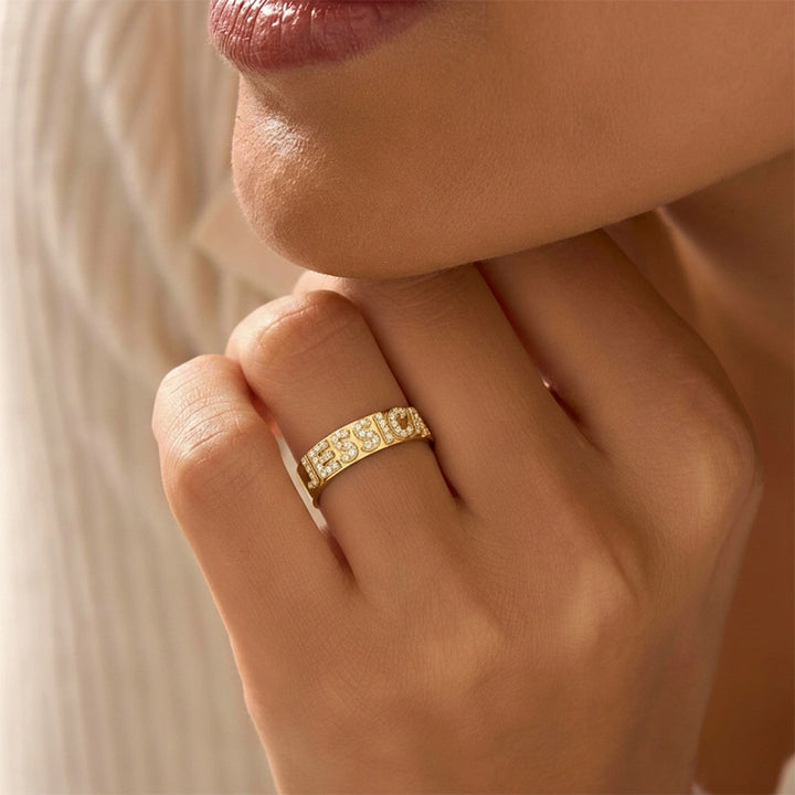 Custom Name Ring | Sterling Silver Block Letter Ring with Zirconia | Personalized Gold Initial Promise Ring for Her