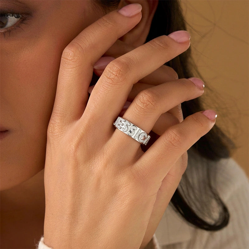 Custom Name Ring | Sterling Silver Block Letter Ring with Zirconia | Personalized Gold Initial Promise Ring for Her