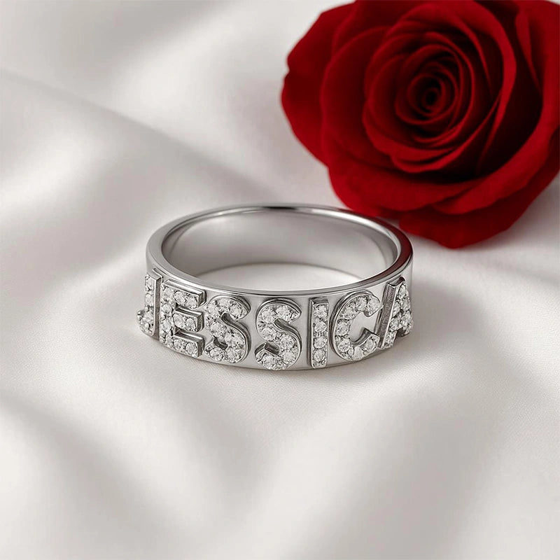 Custom Name Ring | Sterling Silver Block Letter Ring with Zirconia | Personalized Gold Initial Promise Ring for Her